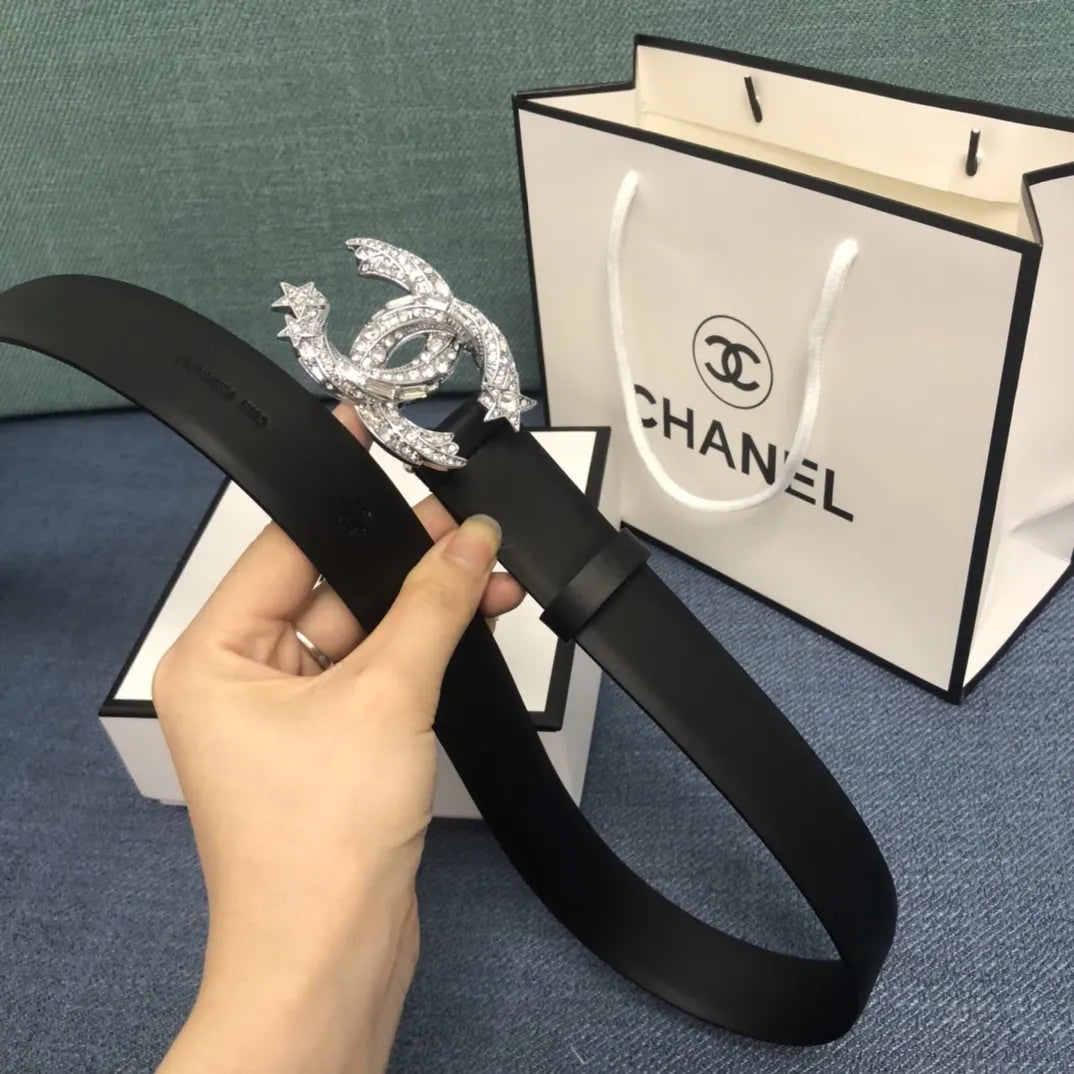 crystal Chanel Black Leather Belt - Hình 6