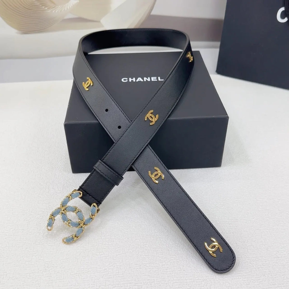 Chanel Black Leather Chain Belt - Hình 2