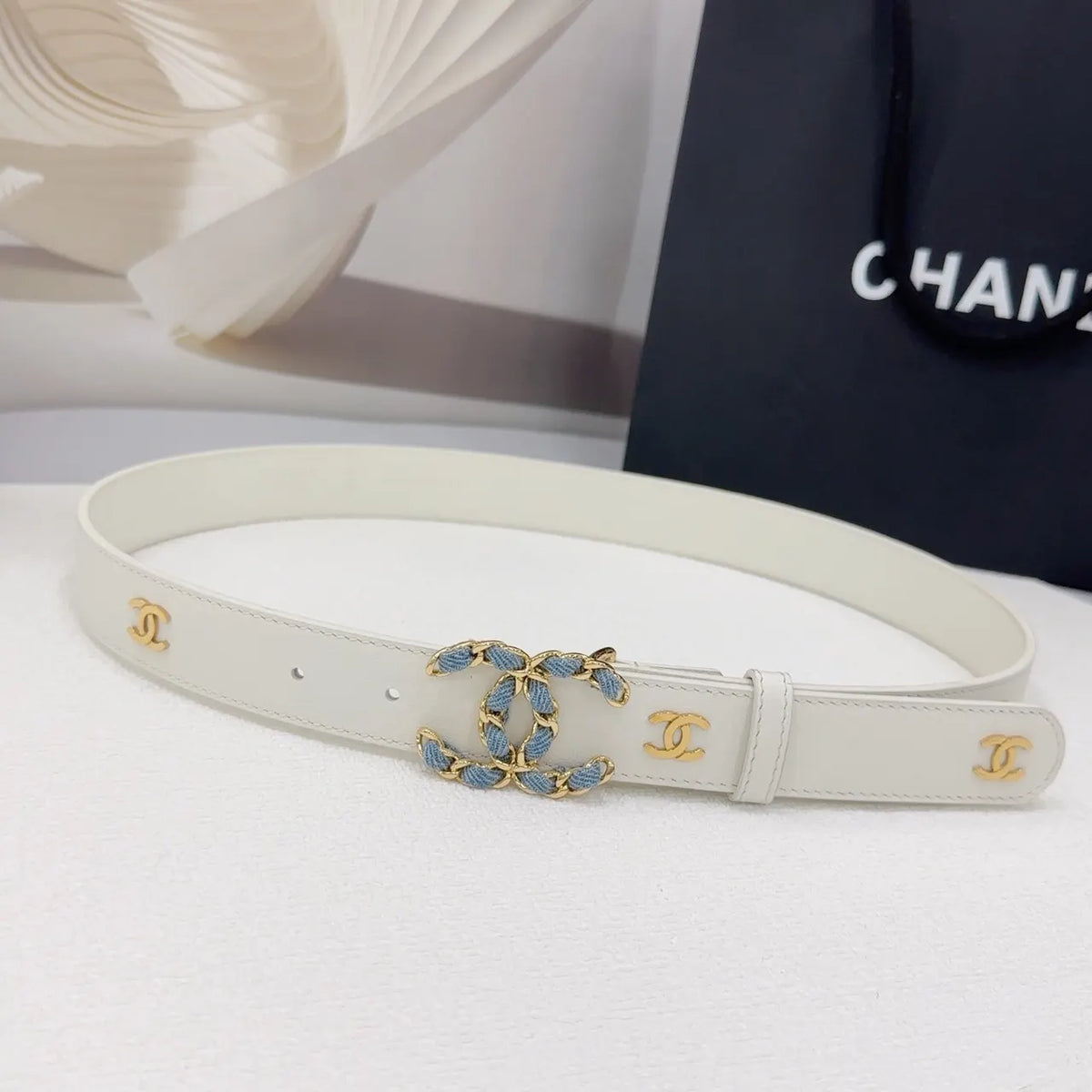 Chanel White Denim CC Belt