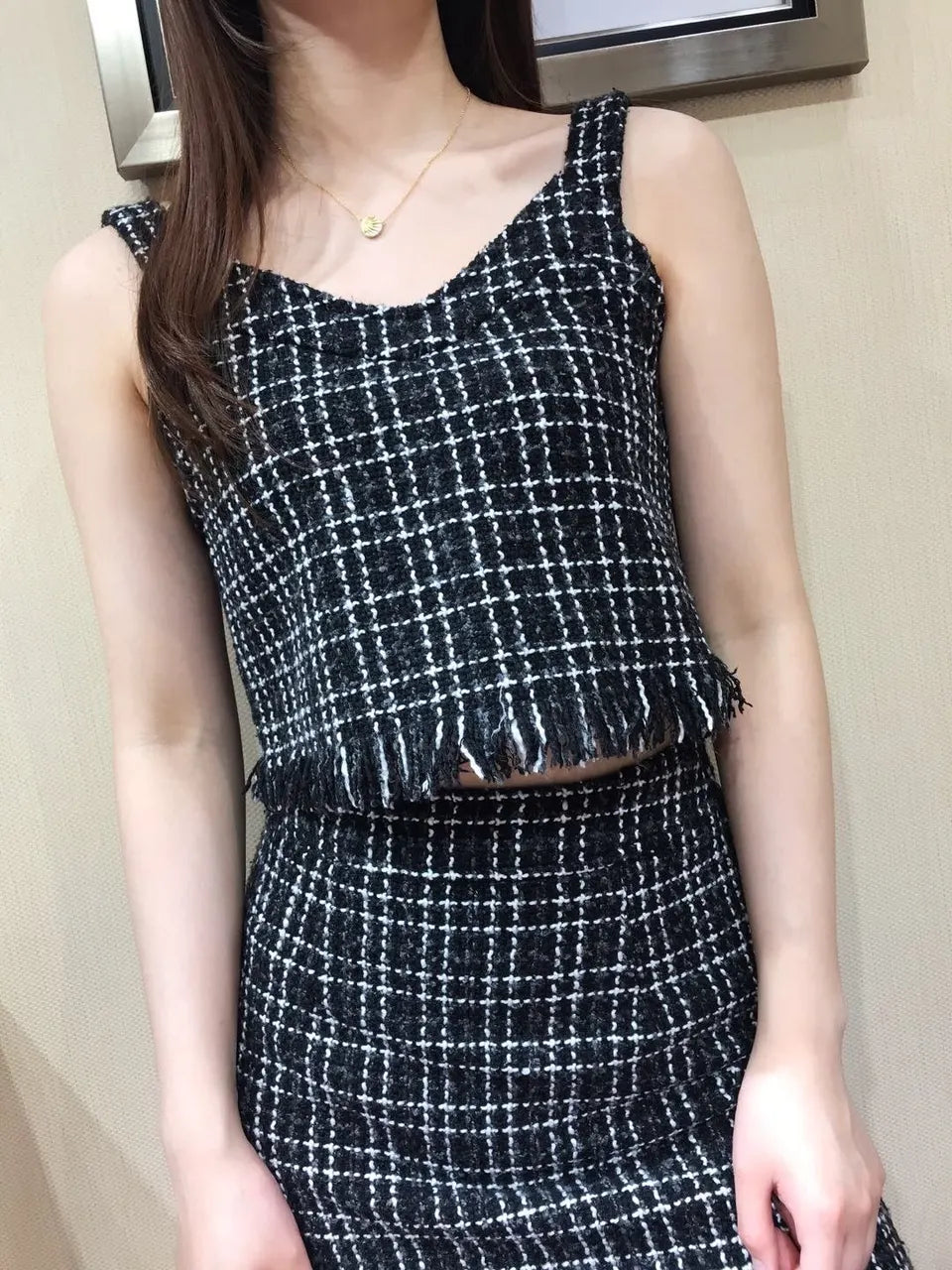 Black & White Plaid Tweed Co-ord Set - Hình 2