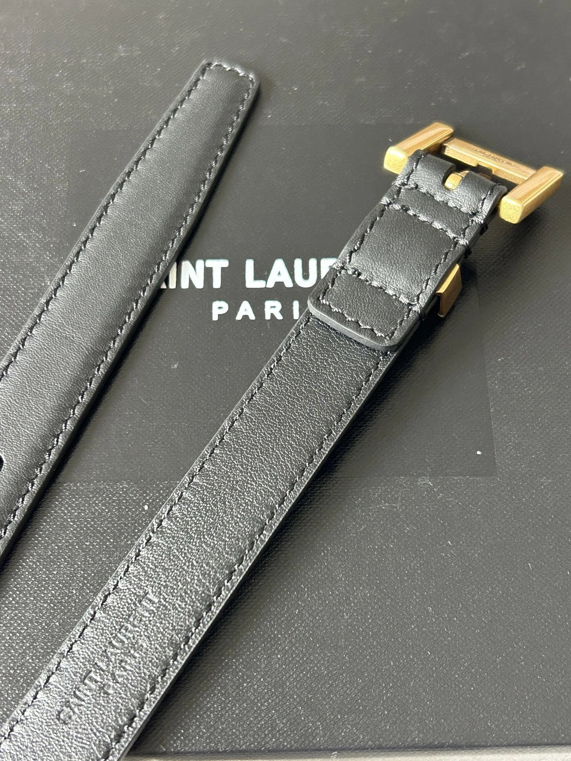 Saint Laurent Black Leather Belt with Gold YSL Buckle - Hình 3