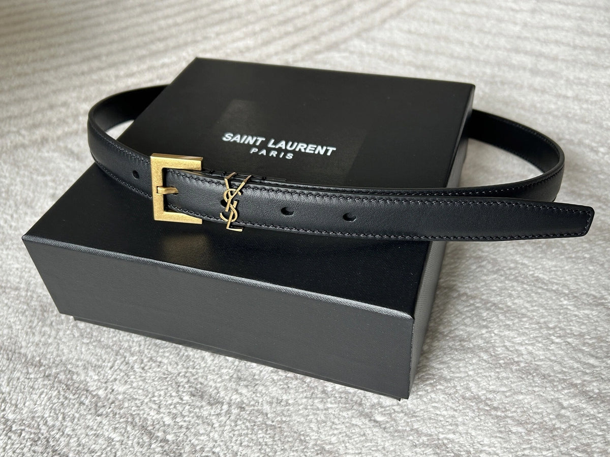 Saint Laurent Black Leather Belt with Gold YSL Buckle - Hình 5