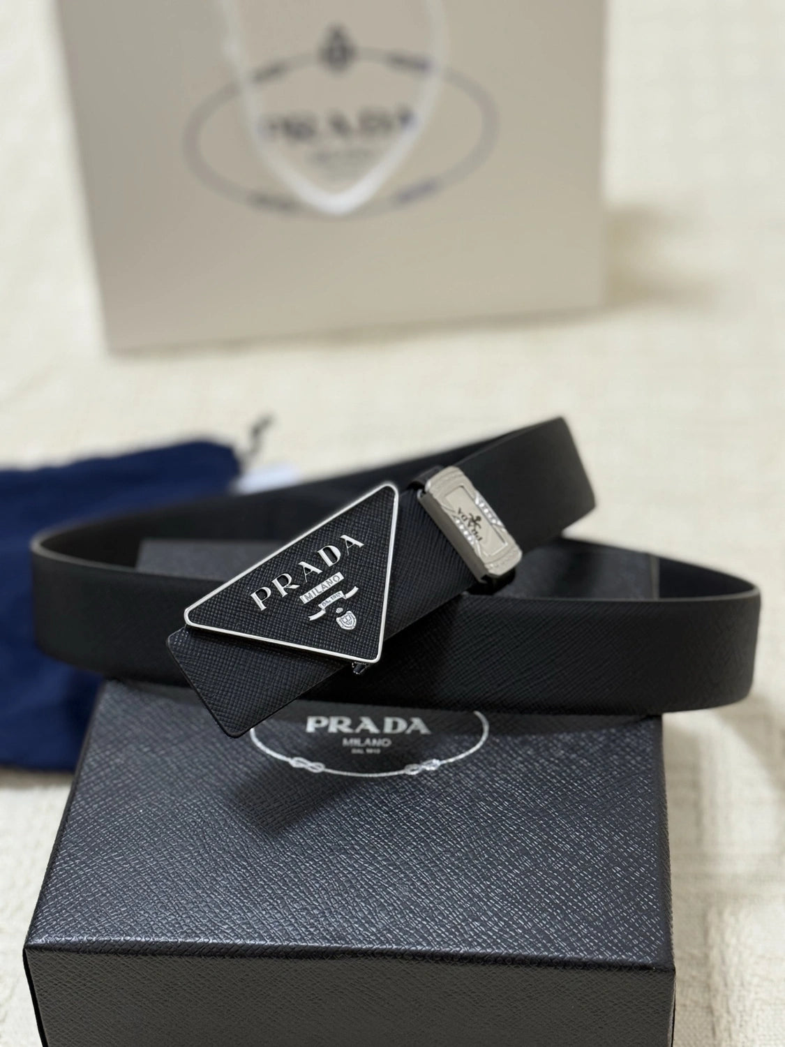 Prada Premium Leather Belt with Iconic Triangle Buckle - Hình 2
