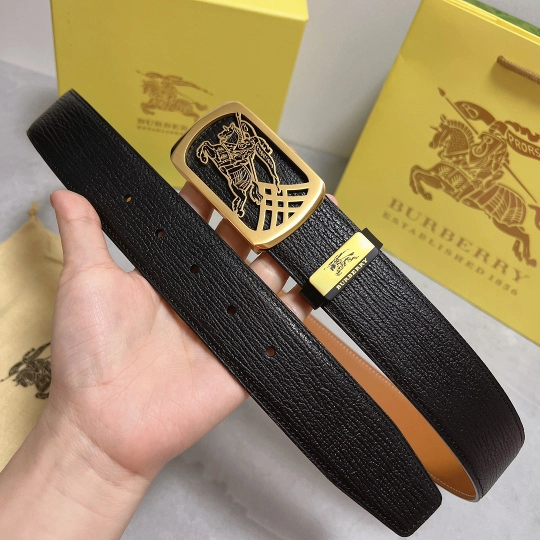 Burberry Premium Leather Belt with Gold Buckle