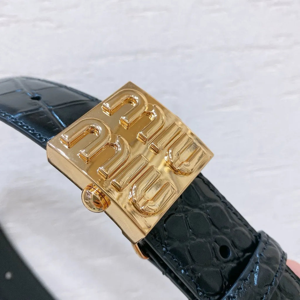gold Miu Miu Black Croc Belt - Hình 2