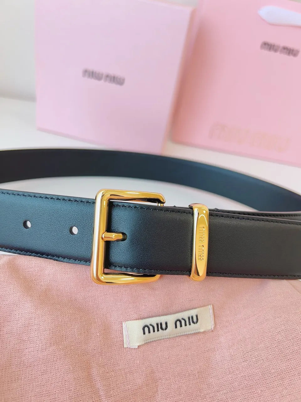 Miu Miu Black Leather Belt gold
