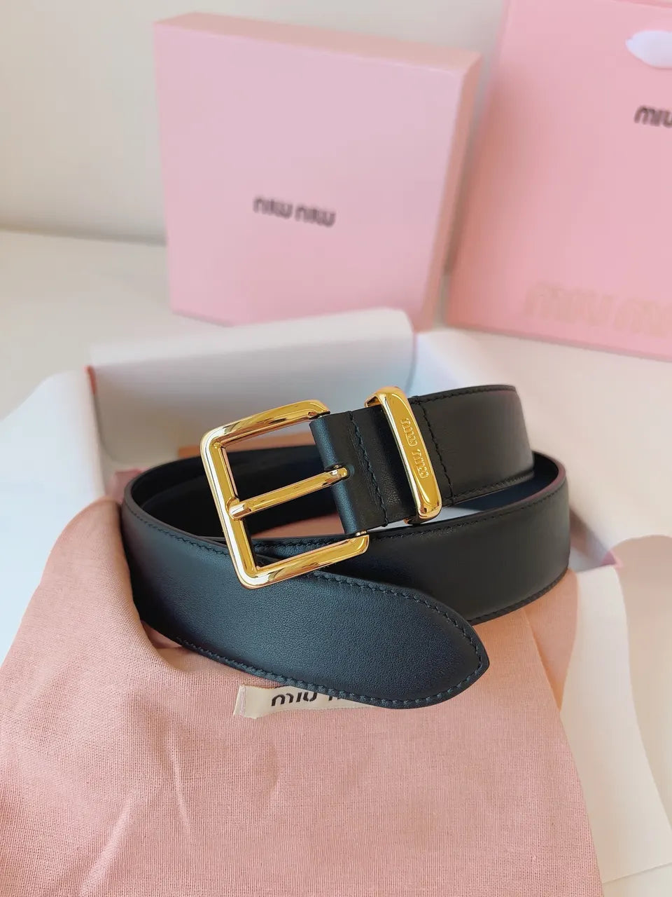 Miu Miu Black Leather Belt gold - Hình 8