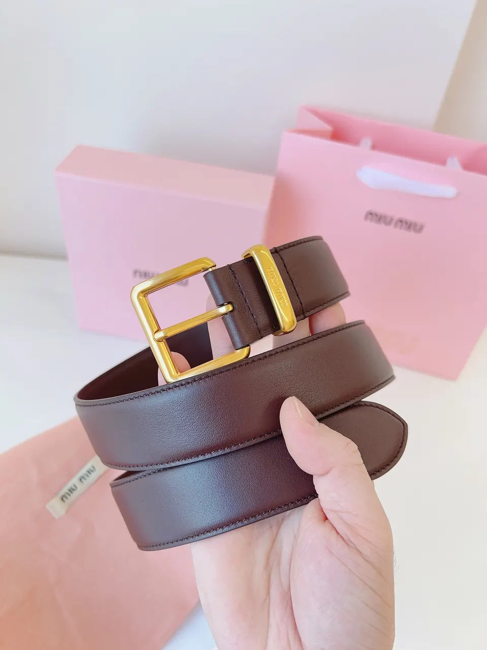 Miu Miu Burgundy Leather Belt - Hình 4