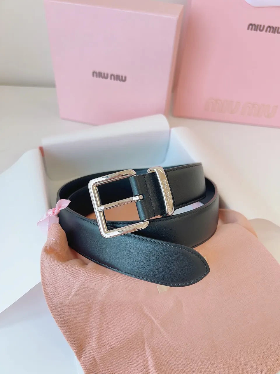 Miu Miu Black Leather Belt silver - Hình 8