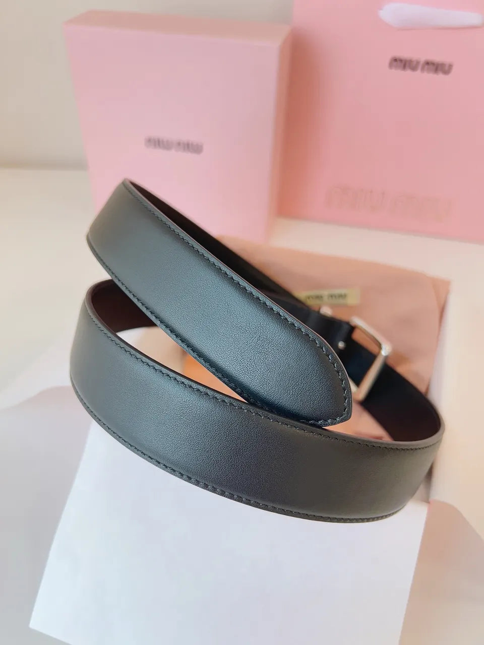Miu Miu Black Leather Belt silver - Hình 5