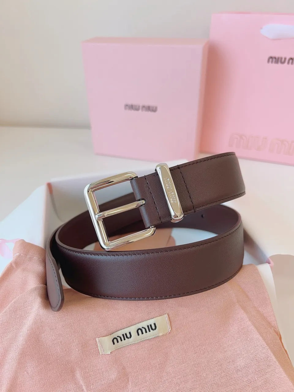 silver Miu Miu Brown Leather Belt - Hình 8