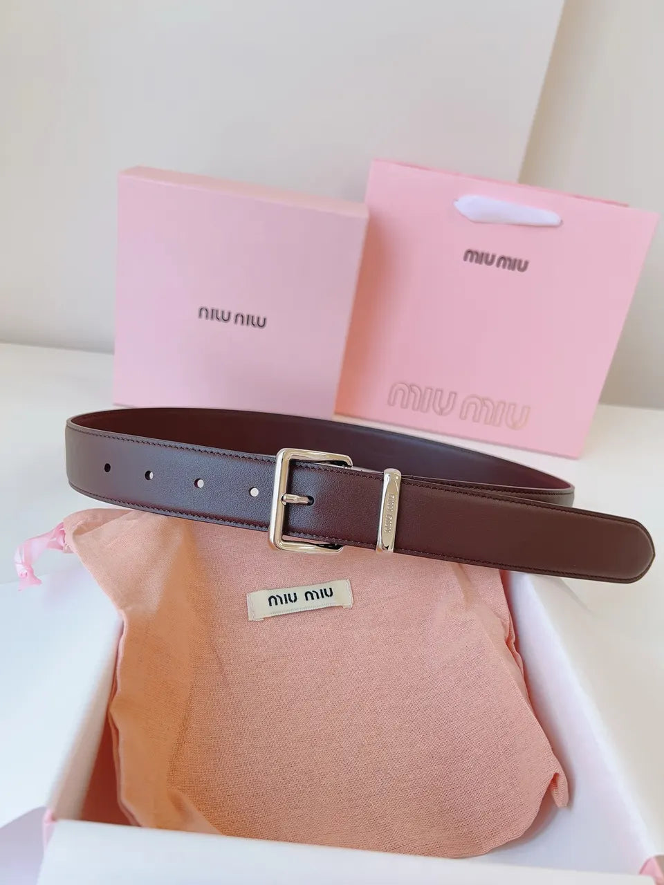 silver Miu Miu Brown Leather Belt - Hình 4