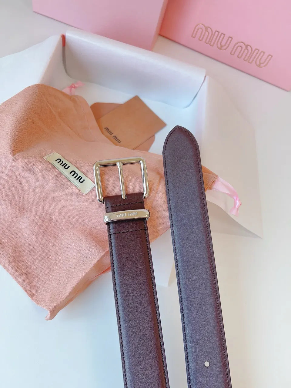 silver Miu Miu Brown Leather Belt - Hình 5