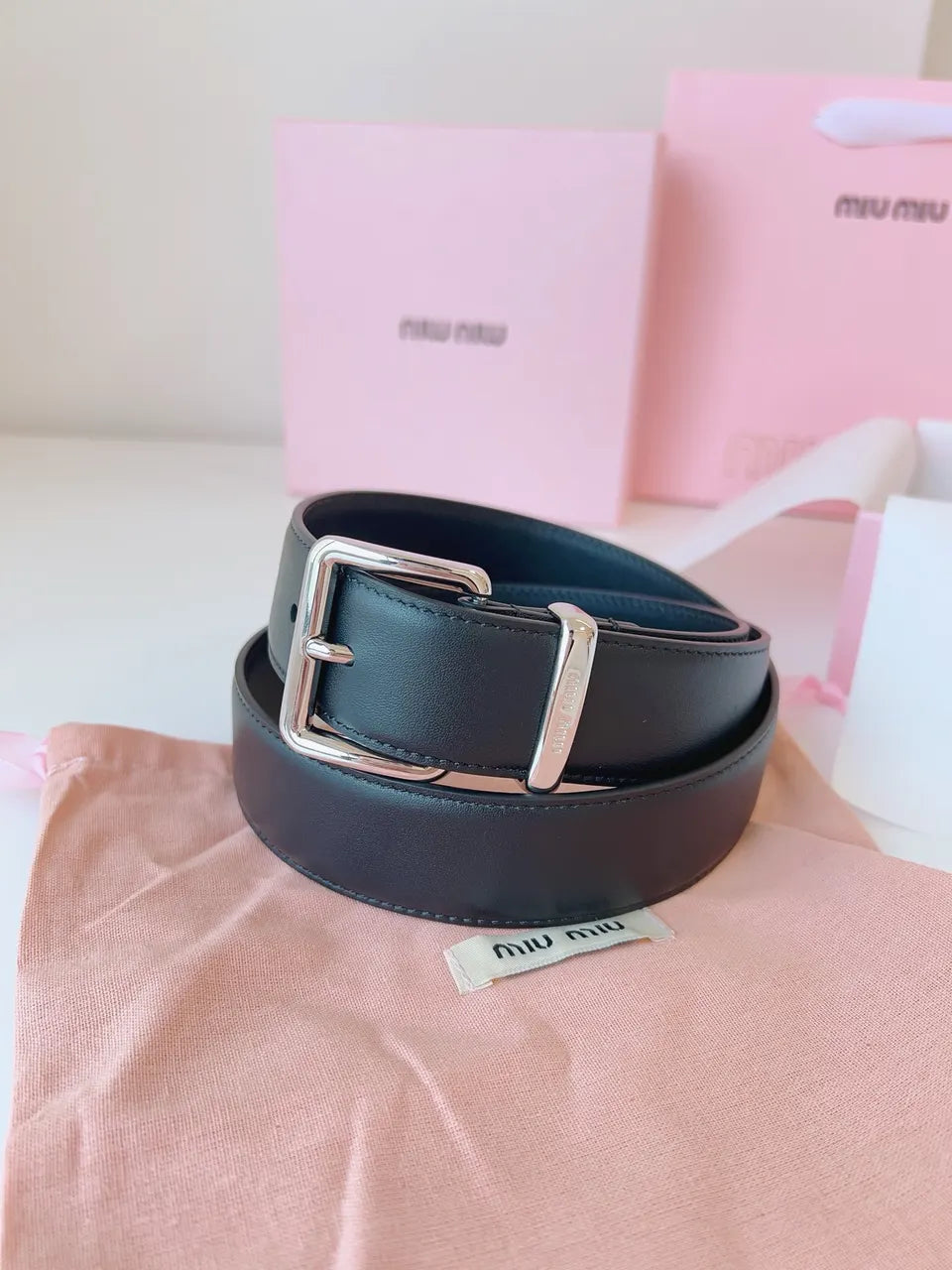 Miu Miu Black Leather Belt silver - Hình 3
