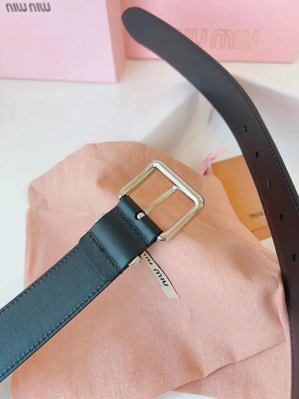 Miu Miu Black Leather Belt silver - Hình 2