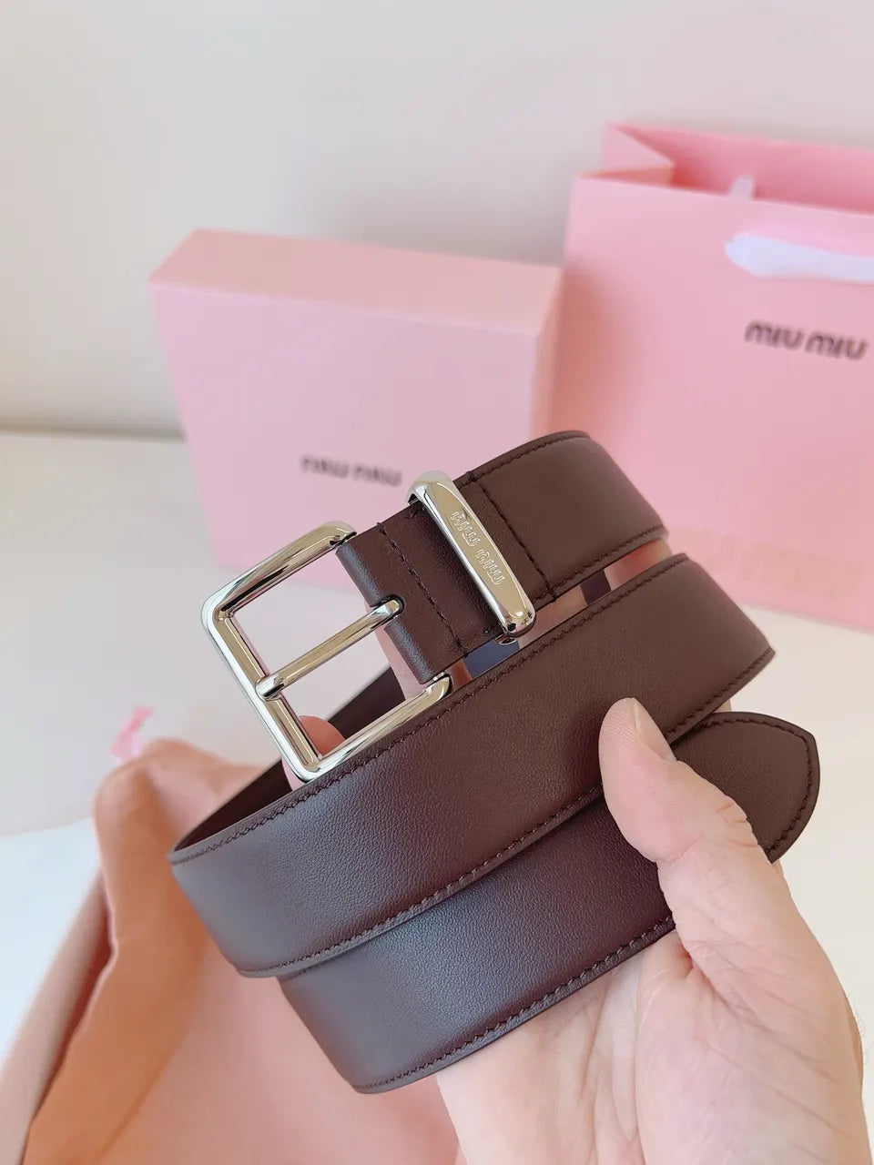 silver Miu Miu Brown Leather Belt - Hình 9