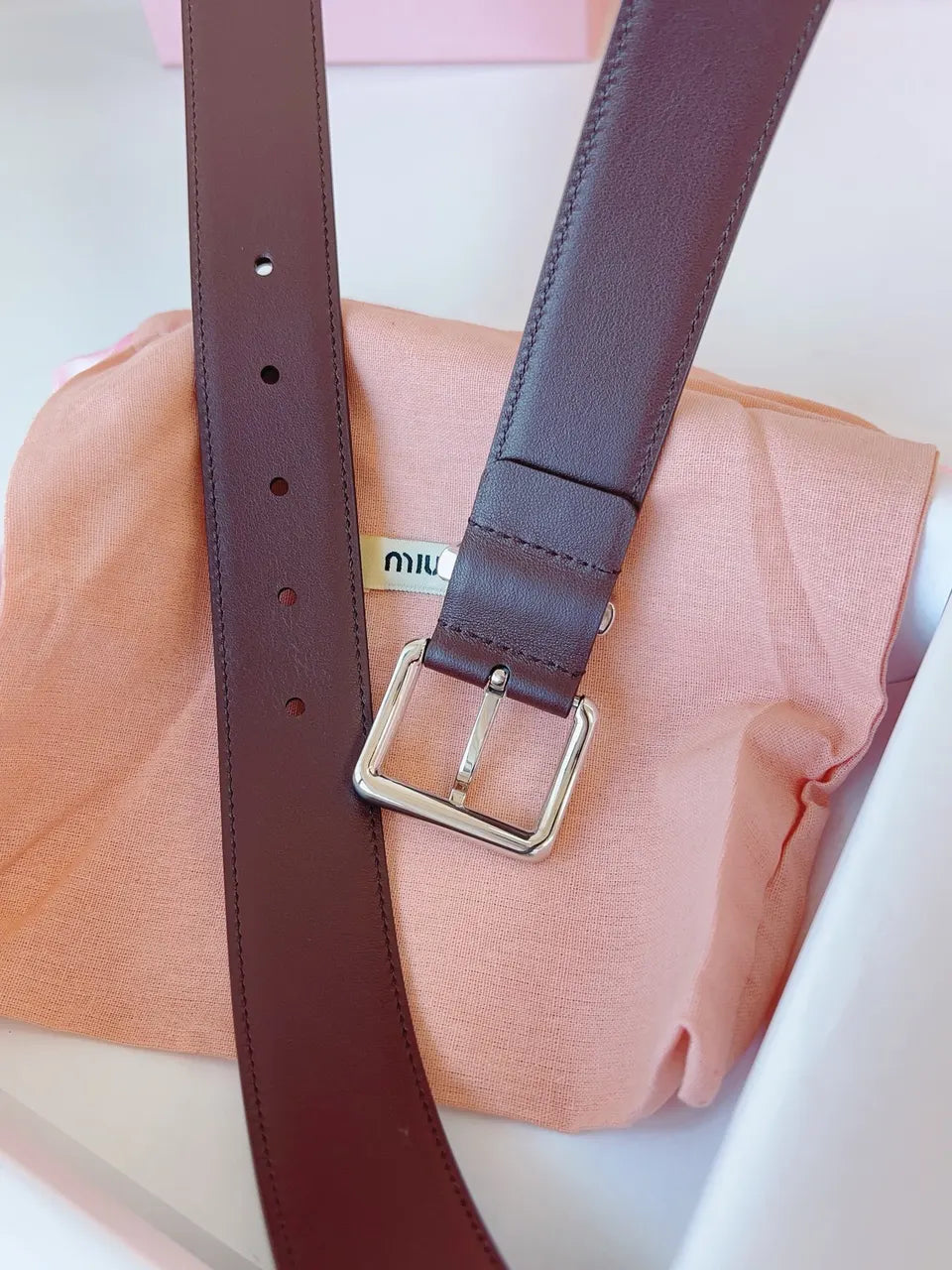 silver Miu Miu Brown Leather Belt - Hình 2