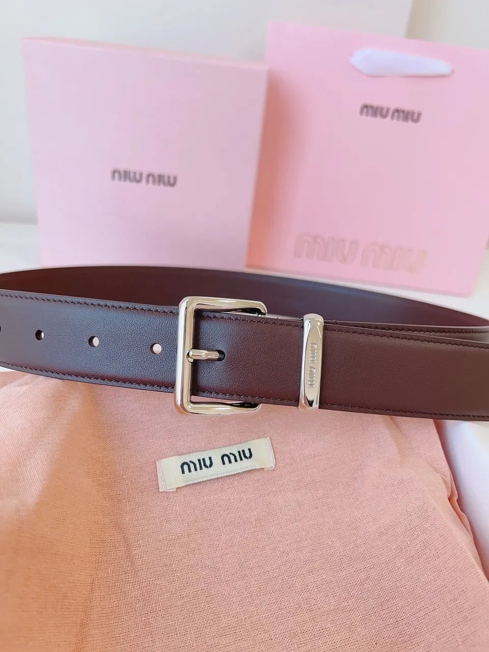 silver Miu Miu Brown Leather Belt - Hình 3