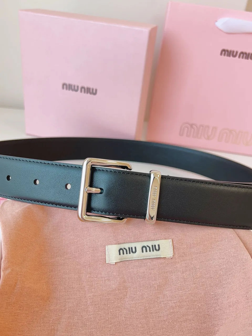 Miu Miu Black Leather Belt silver - Hình 6