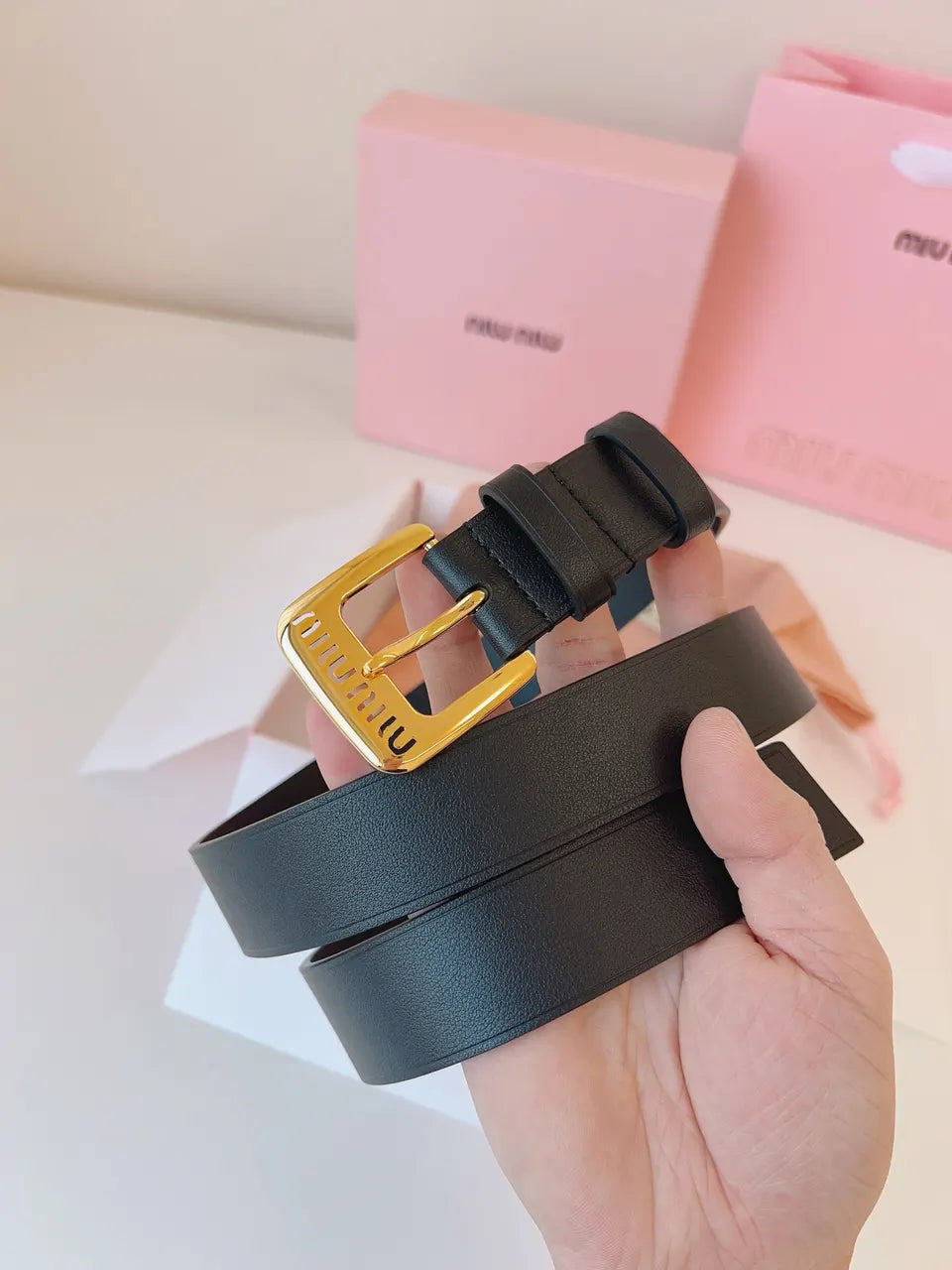 Miu Miu Black Leather Belt gold - Hình 4