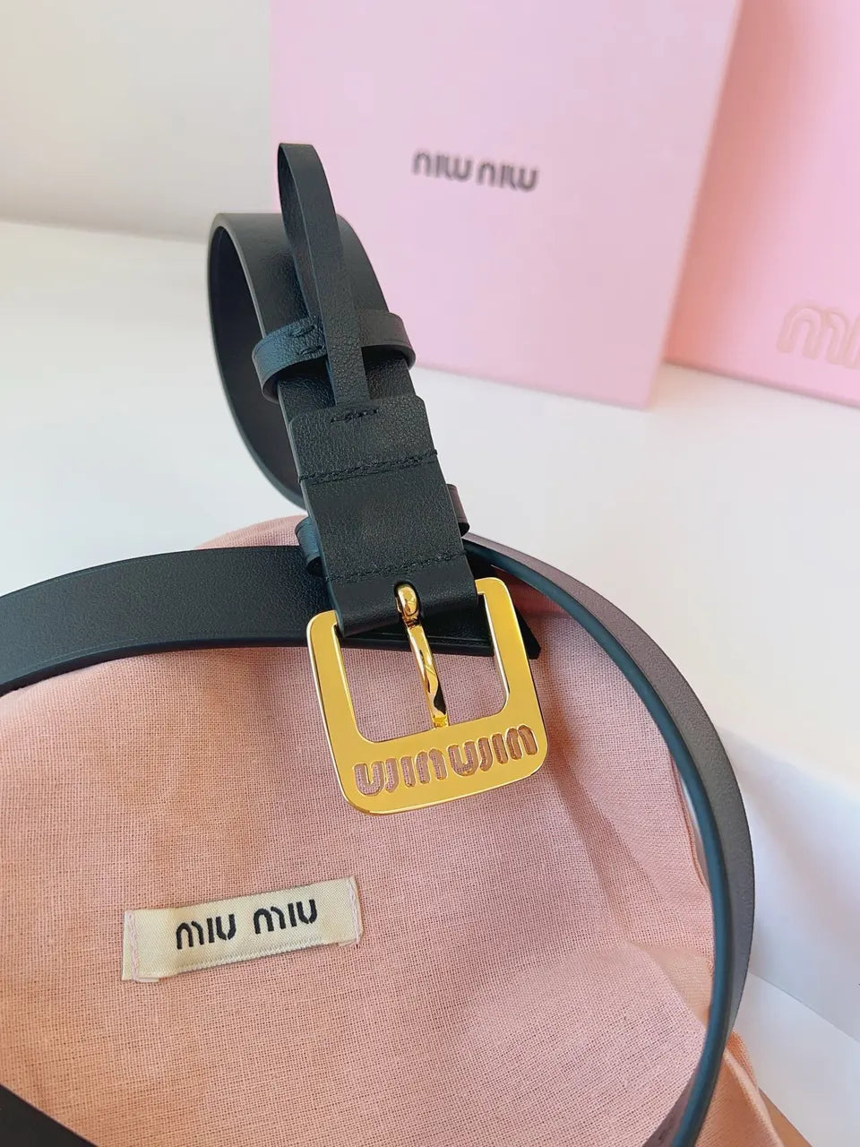 Miu Miu Black Leather Belt gold