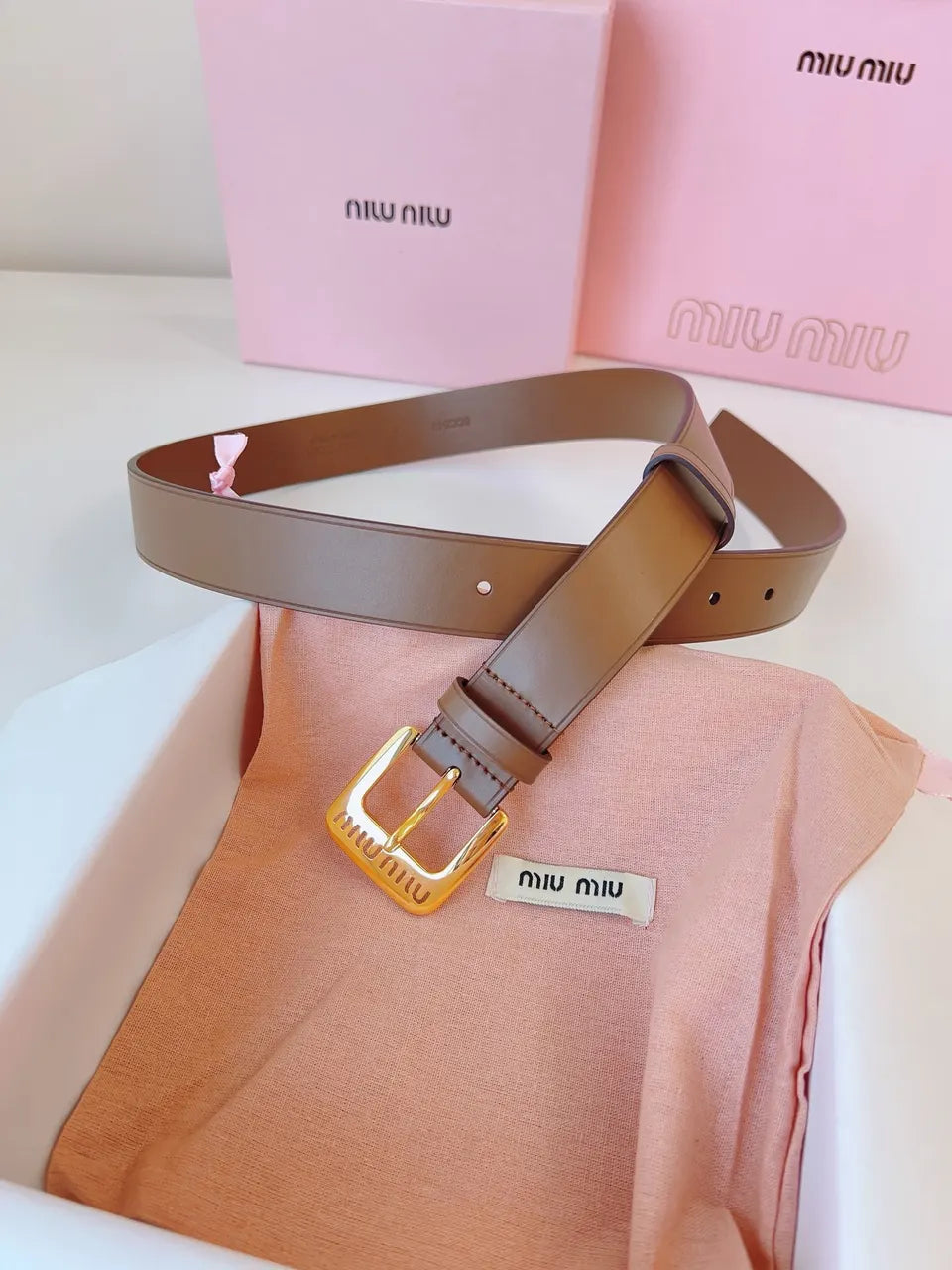 gold Miu Miu Brown Leather Belt - Hình 7
