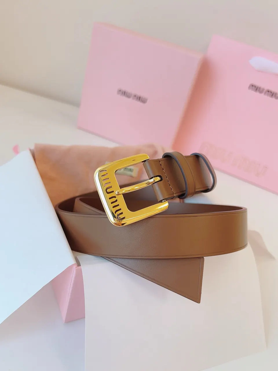 gold Miu Miu Brown Leather Belt - Hình 5