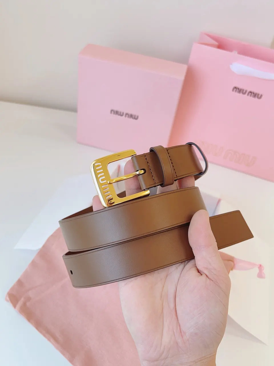 gold Miu Miu Brown Leather Belt - Hình 9
