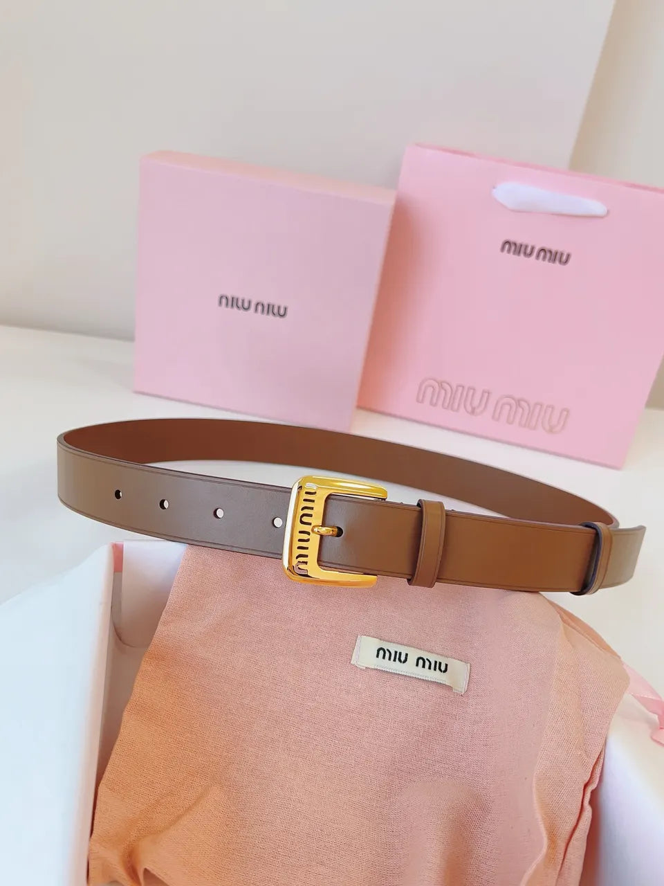 gold Miu Miu Brown Leather Belt - Hình 3