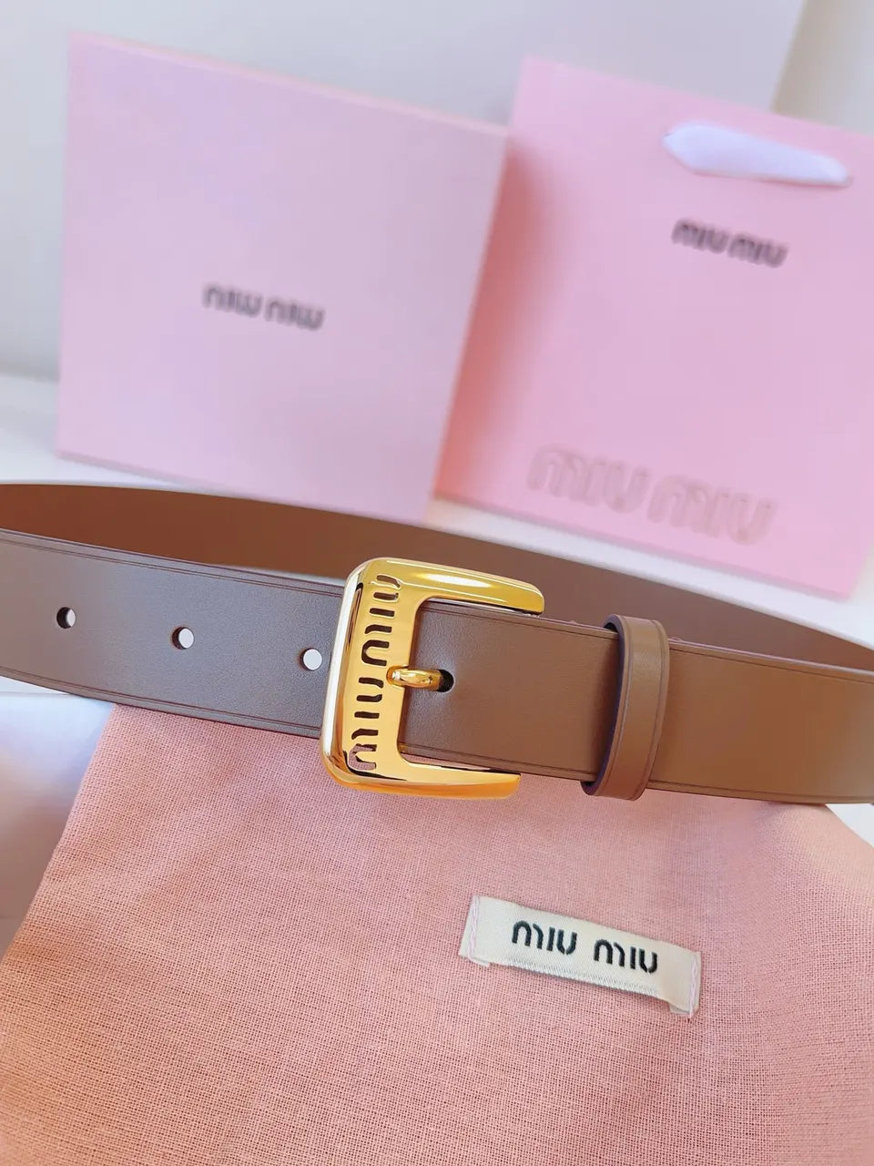 gold Miu Miu Brown Leather Belt - Hình 2