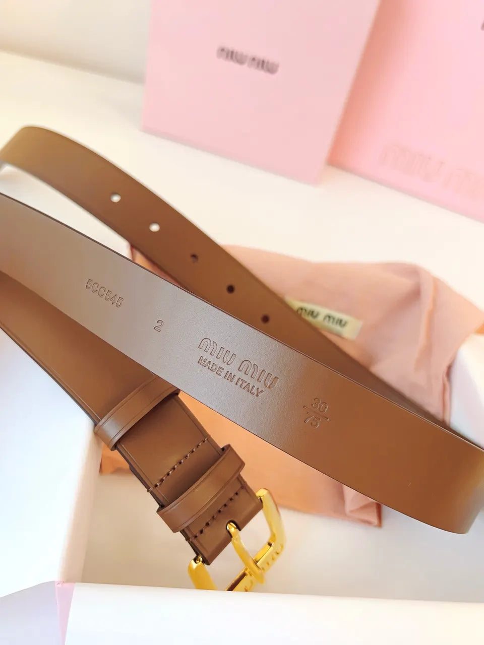 gold Miu Miu Brown Leather Belt - Hình 4