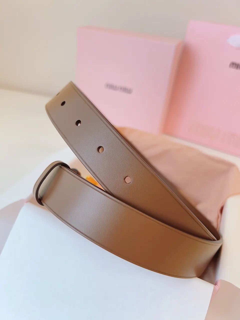 gold Miu Miu Brown Leather Belt - Hình 6