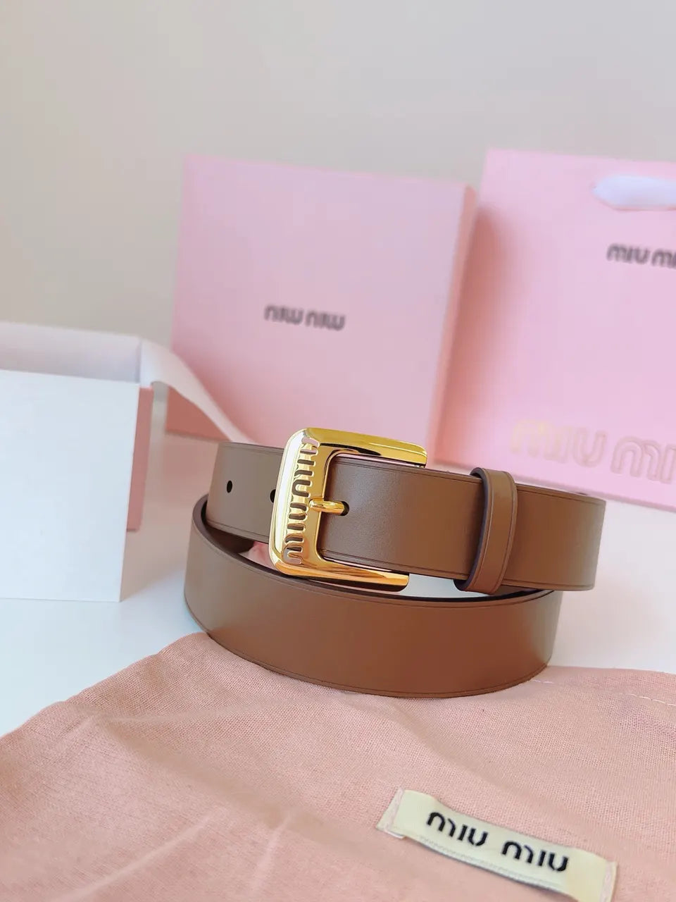 gold Miu Miu Brown Leather Belt - Hình 8