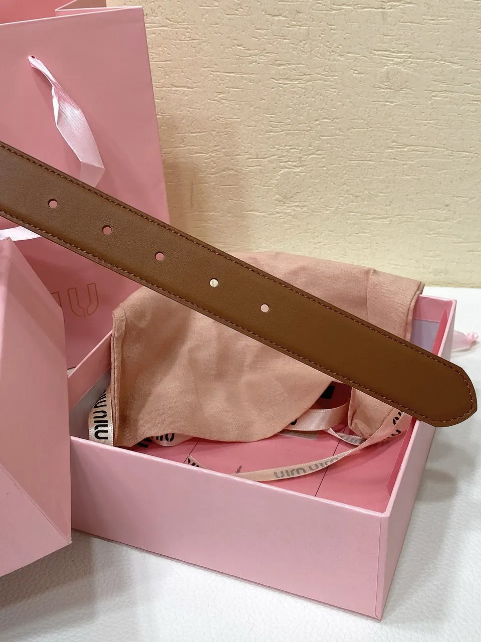 gold Miu Miu Caramel Leather Belt - Hình 2