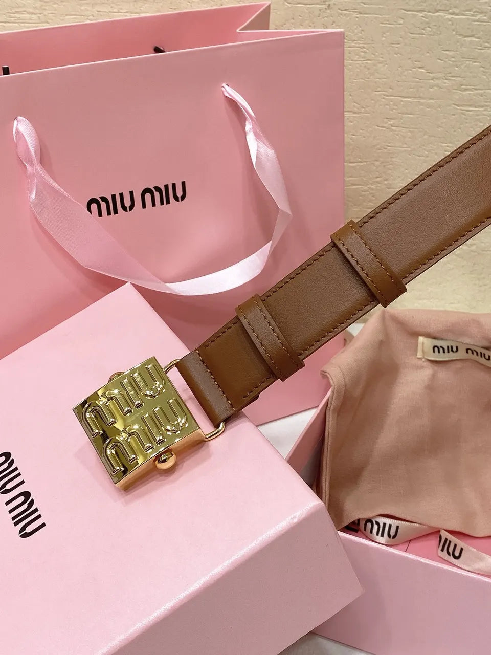 gold Miu Miu Caramel Leather Belt - Hình 3