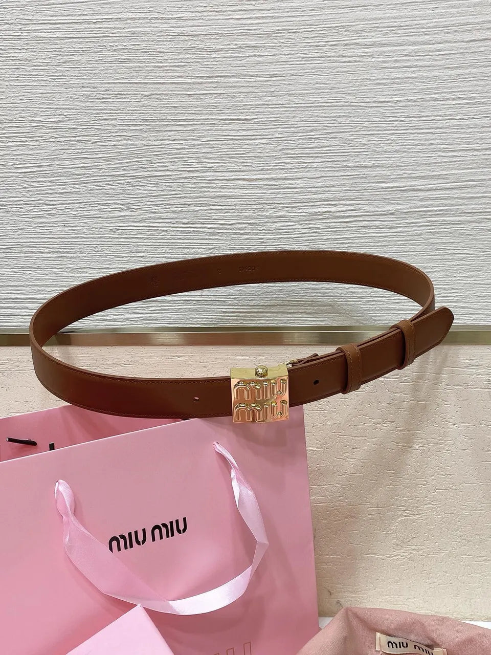 gold Miu Miu Caramel Leather Belt - Hình 4