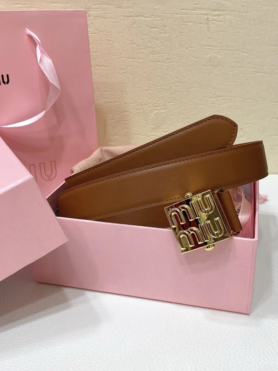 gold Miu Miu Caramel Leather Belt