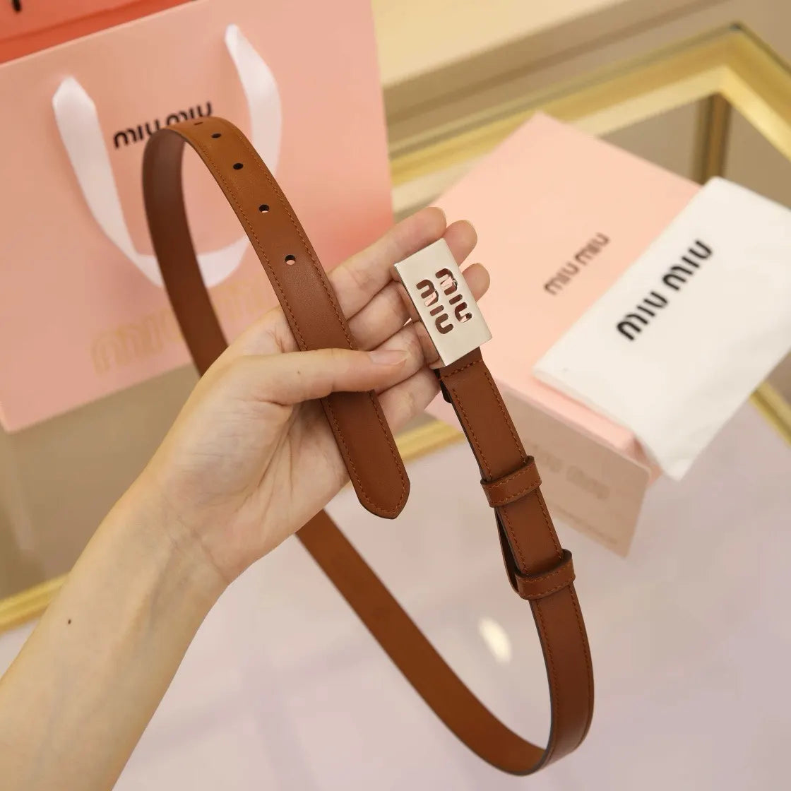 Miu Miu Caramel Leather Belt - Hình 2