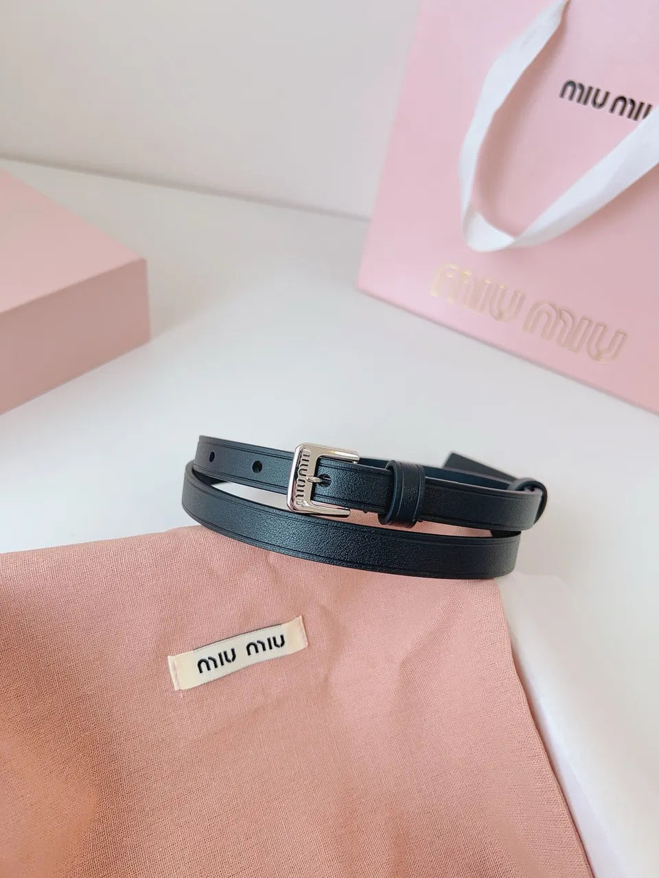 silver Miu Miu Black Leather Belt - Hình 8
