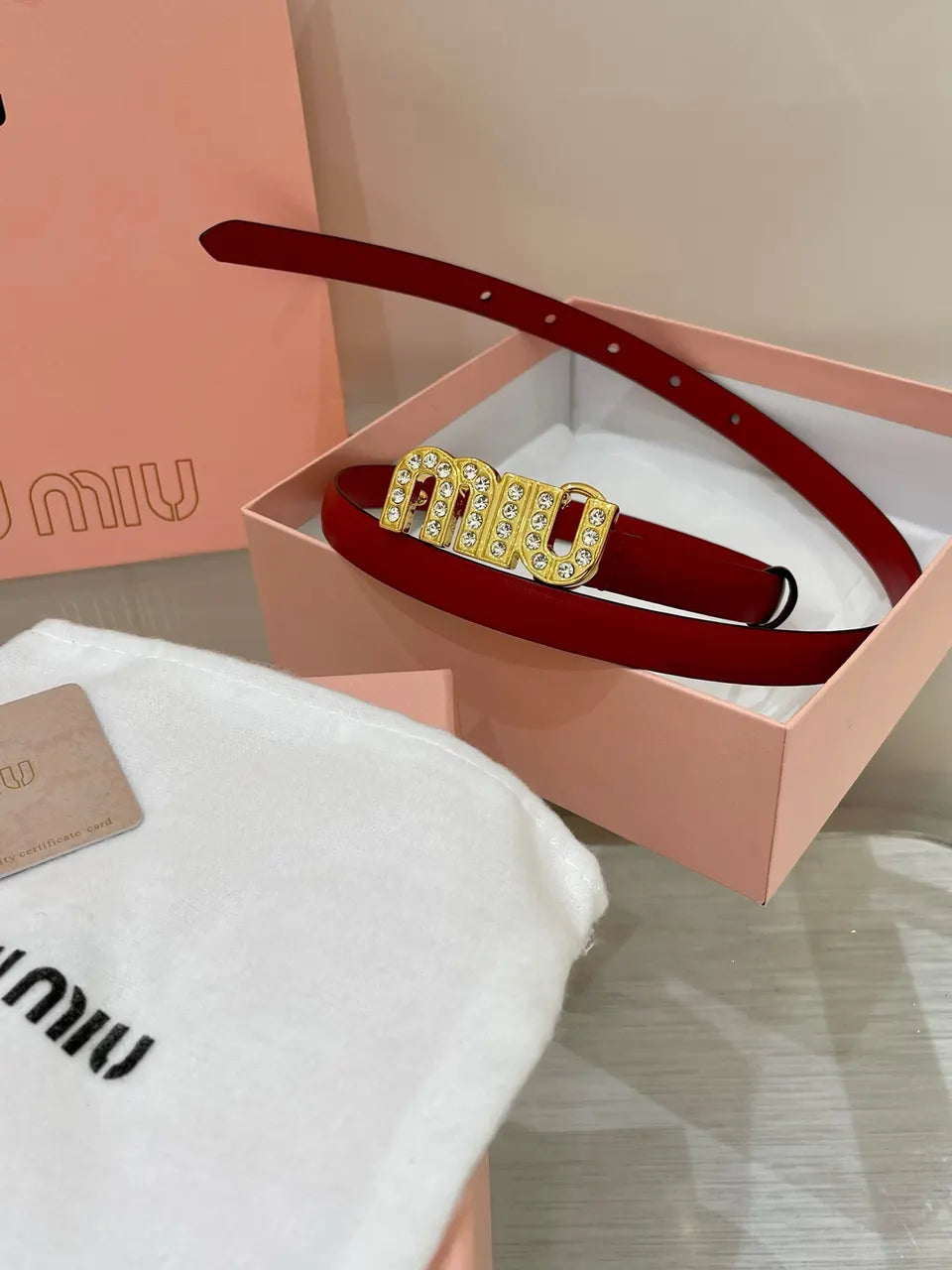 crystal Miu Miu Red Leather Belt - Hình 5