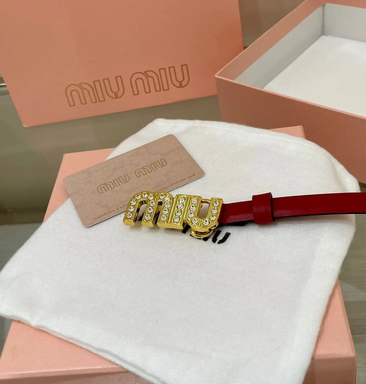 crystal Miu Miu Red Leather Belt - Hình 3