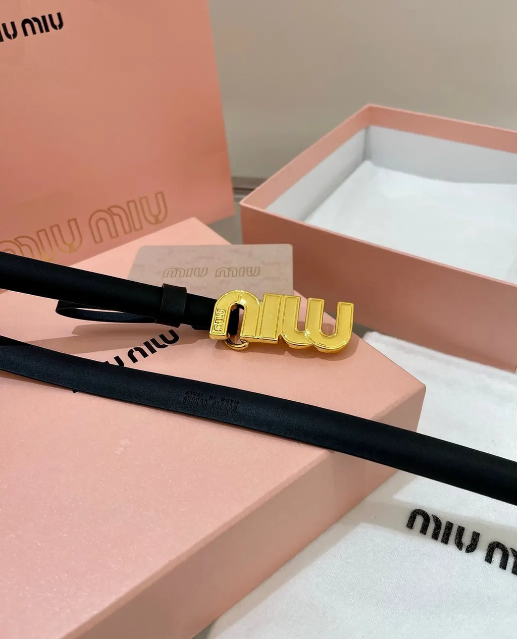 gold Miu Miu Black Leather Belt