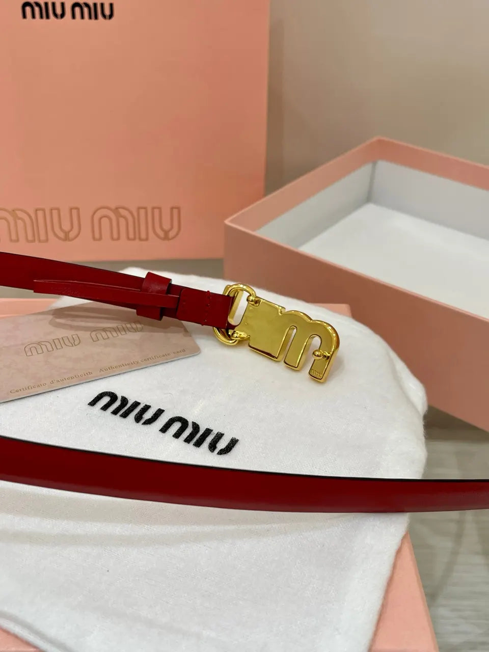 crystal Miu Miu Red Leather Belt - Hình 2
