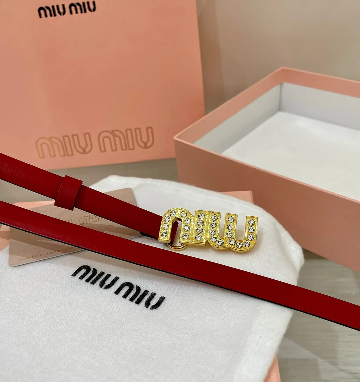 crystal Miu Miu Red Leather Belt