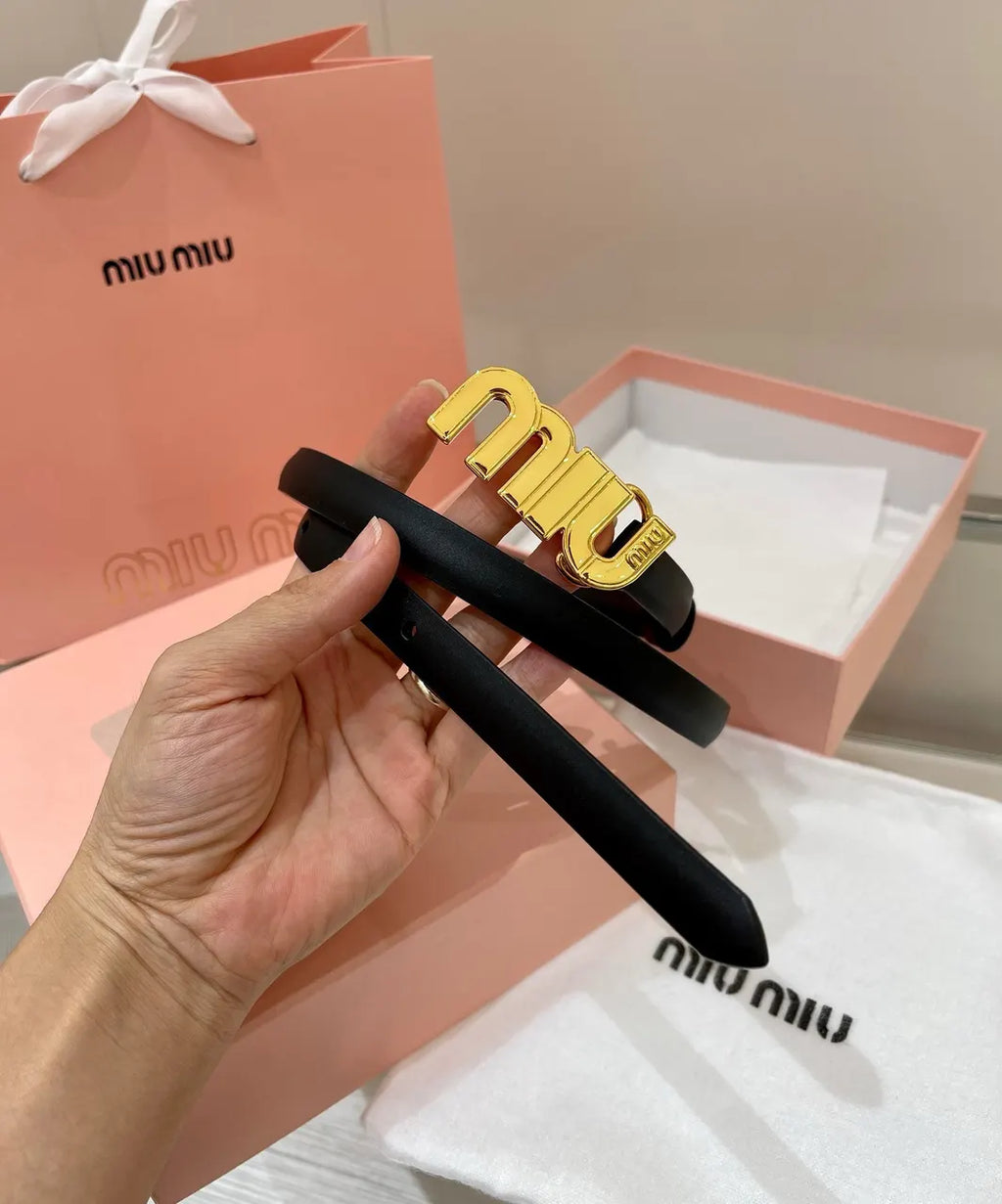 gold Miu Miu Black Leather Belt - Hình 5
