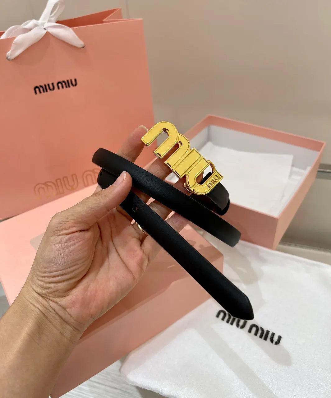 gold Miu Miu Black Leather Belt - Hình 5
