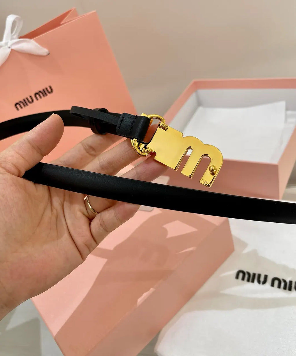 gold Miu Miu Black Leather Belt - Hình 4