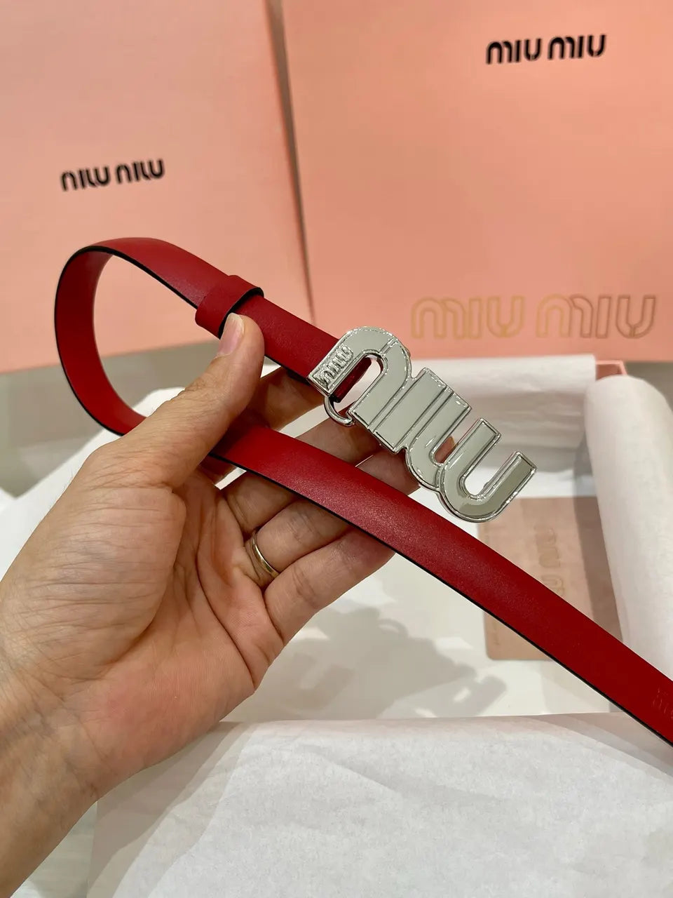 Miu Miu Red Leather Belt - Hình 4