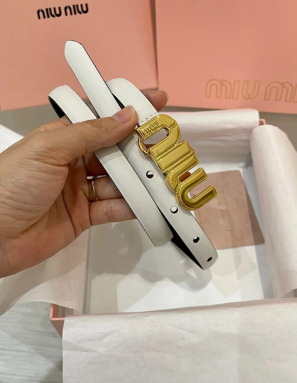 gold Miu Miu White Leather Belt - Hình 3