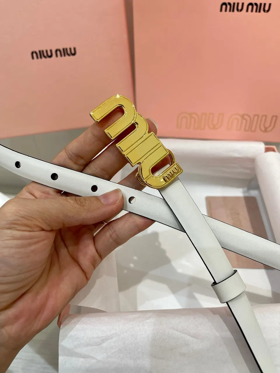 gold Miu Miu White Leather Belt